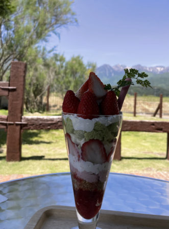 いちごパフェ長野県「信州 里の菓工房」の屋外テラスにて